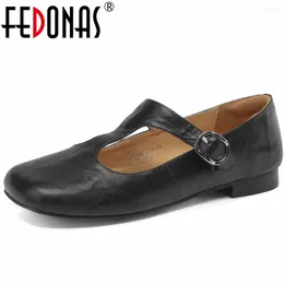 Casual Shoes FEDONAS Vintage Low Heels Women Pumps T-tied Genuine Leather Square Toe Working Spring Summer Basic Woman Retro