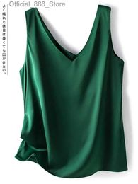 Women's Tanks Camis Woman T-shirts Elegant SILK Satin Blouse Sleless Fe Summer 2024 Casual Loose Tanks and Camis Solid Green Tops for Women d240427