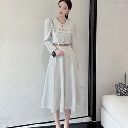 Work Dresses Korean Elegant Fashion 2 Piece Sets Women Temperament Long Sleeve Crop Top High Waist A-Line Midi Skirts Female OL Outfits