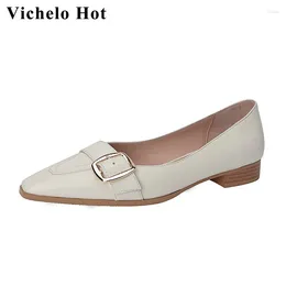 Casual Shoes Vichelo Spring Korean Office Lady Full Grain Leather Shallow Square Toe Belt Buckle Low Heels Beige Colour Pumps L72