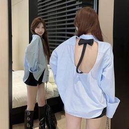 Blouse Designer Woman Sexy backless Spice Girl bow lapel comfortable buttons loose 100 matching casual blue display white niche pure desire spring hollow back