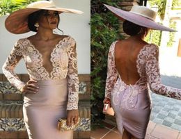 Sexy Backless Champagne Short Evening Dresses Deep V Neck Illusion Bodice Appliques Lace Sheath Satin Long Sleeves Formal Party Dr2644428