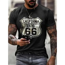 Men's T-Shirts Mens retro 100 cotton T-shirt American personality 66 highway design short sleeved T-shirt casual oversized mens clothing top J240426