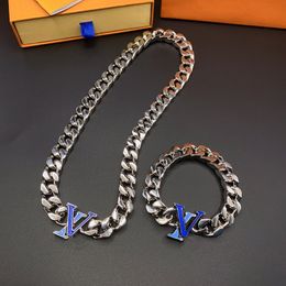 Europe America Fashion Cuban chain Necklace Bracelet Men Women Stainless steel Designer Silver-Colour Metal Enamel V Letter Thick Chain Jewellery Sets M0919M