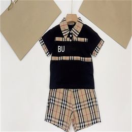 Summer new high quality designer children's brand clothing baby short sleeve T-shirt shorts printed plaid two-piece set size 90-150cm b6