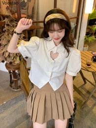 Shirt Sweet Lolita Style Blouses White Hollow Out Ruffles Heart Crop Tops Women Kawaii Puff Sleeve Korean Casual Shirts Y2k Clothes