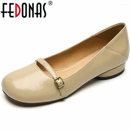Casual Shoes FEDONAS Spring Summer Concise Women Pumps Low Heels Genuine Leather Round Toe Working Basic Woman Arrival