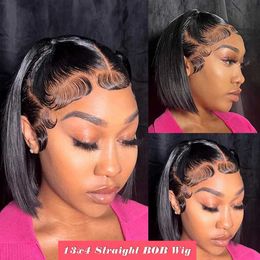 Synthetic Wigs 13x4 Lace Front Wig Bob Human Hair Straight 180% Full Density HD Transparent Q2404271