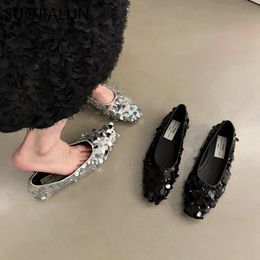 SUOJIALUN Spring Brand Women Flat Shoes Fashion Bling Sequin Ladies Elegant Ballet Shoes Pointed Toe Shallow Ballerinas 240425