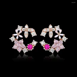 Stud Earrings Korean Colorful Flower For Women Cubic Zircon Rose Gold Color Fashion Pear Wedding Bridal Jewelry