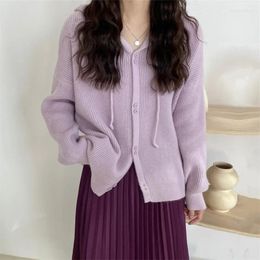 Women's Knits Hooded Sweater Cardigan Women Autumn Winter Cute Purple Knitwear Long Sleeve Knitted Top Coat Girls Button Up Outerwear