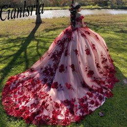 Red Beading 3D Floral Lace Quinceanera Dresses Ball Gown Off The Shoulder Princess for Sweet 15 Birthday Party