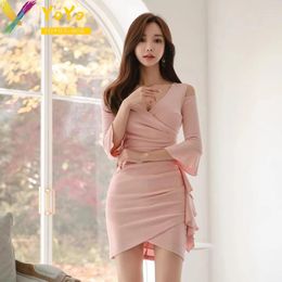 Party Dresses Elegant Black Pink Ruffled V-neck Off Shoulder Flare Sleeves Irregular Dress Korean Slim Bodycon Chic 2024