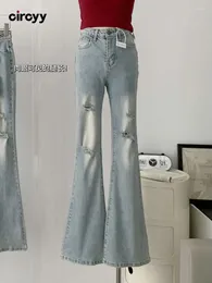 Women's Jeans Circyy Ripped For Women High Waisted Flare Pants Skinny Blue Bleached Pockets Embroidery Designer Streetwear 2024 Spring