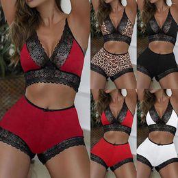 Bras Sets Women Bra Solid Lace Up Corset Lingerie Set For High Waist Panties Pajamas Satin Short Men Summer