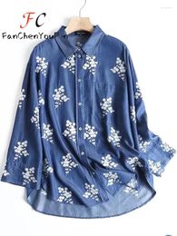 Women's Blouses SpringSummer Shirt Elegant Embroidery Floral Cotton Denim Cardigan Top Female Korean Casual Loose Nine Quarter