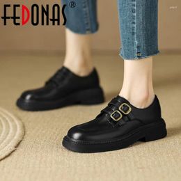 Dress Shoes FEDONAS Thick Heels Women Pumps Retro Platform Metal Buckle Round Toe Spring Autumn Genuine Leather Casual Loafers Woman