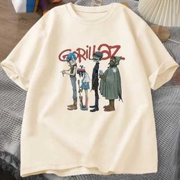 Men's T-Shirts Music band Gorillaz punk rock T-shirt for mens summer 90s O-neck cotton short sleeved T-shirt for vintage Y2K clothing T-shirt J240426