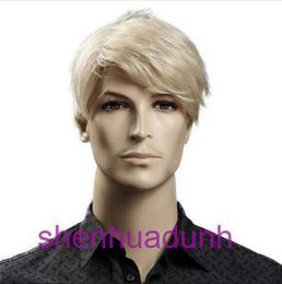 New mens hair edge split slanted bangs beige white short fashionable high-temperature silk gold headband wigs and hair pieces