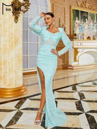 Casual Dresses Missord Sky Blue Sequin Prom Dress Elegant Women Long Sleeve O-neck Thigh Split Bodycon Party Female Evening Gown