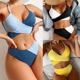 Women's Swimwear 2023 New Solid Colour Matching Thick Pit Strip Cross Straps High Waist Women Bikini Sexy Swimsuit