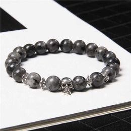 Beaded Natural Black Labrador Stone Bead Bracelet 8mm Round Retro Headbone Charm for Men Lucky Jewellery