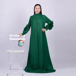 Casual Dresses Women Miyake Pleated Fashion Plus-size Long-length Dress With High Neck And Puffy Sleeves