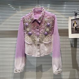 Women Autumn 3D Flowers Embroidery Beaded Denim Coat Loose Gradient Purple Color Floral Jeans Jacket Pearls Cowboy Cardigan Tops 240416