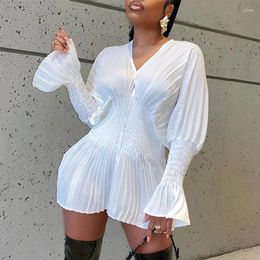 Casual Dresses Summer Pleated Mini Dress White Autumn Women Solid Draped V-neck Lantern Long Sleeve Streetwear Fashion Beach Behomian