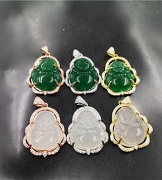 Laughing Buddha Jade Pendant Necklace 925 Silver Plated Inlaid Gemstone Jewelry Ice Chalcedony Agate Maitreya Female Pendants Whol5588844