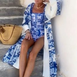 Cover-up Blue & White Printed OnePiece Swimsuit Suspender Fashion Beachwear Women's 2024 High Waist Sexy Bikini Long Sleeve Strap Blouse