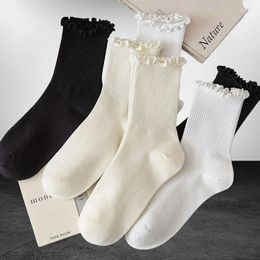 Women Socks 5/10 Pairs Ruffle Frilly Cotton Black White Novelty Funny Ankle Cute Solid Breathable Fashion Crew Sock