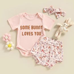 Clothing Sets ZIYIXIN Baby Girl Easter Outfits Infant Short Sleeve Romper Elastic Waist Shorts Bow Headband 3Piece Summer Clothes Set