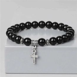 Beaded Fashionable Mens Bead Bracelet Silver Cross Pendant Natural Stone Charming Womens Treatment Prayer Jewelry