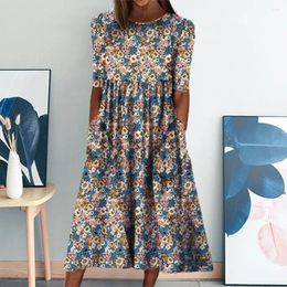 Party Dresses O-Neck Two Pockets Large Hem Midi Dress Bohemia Floral Print Half Lantern Sleeve Summer Vintage Elegant Female