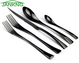 JANKNG 5PcsSet Cutlery Set 1810 Stainless Steel Black Dinnerware Serrated Sharp Steak Knife Tableware Set Service For 17270464