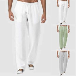 Men's Pants Summer mens casual fashion pants natural cotton polyester Trousers white polyester elastic waist straight mens pantsL2403