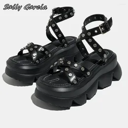 Casual Shoes Black Metal Screws Ankle Belt Buckle Strap Sandals 2024 Punk Style Thick Sole Open Toe Platform All-Match