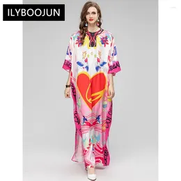 Casual Dresses Autumn Loose Maxi Dress Women O-Neck Batwing Sleeve Multicolor Print Holiday Party Long For 2024 High