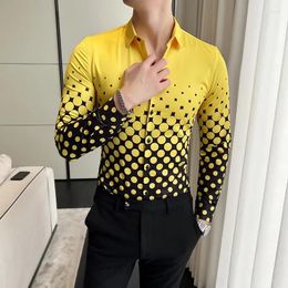 Men's Dress Shirts 2024 Summer Polka Dot Print Men Long Sleeve Slim Casual Shirt Clothing Streetwear Business Social Party Tuxedo Blouse