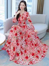 Beach Floral Chiffon Midi Dress Women Luxury Elegant Spring Summer Korean Fashion Casual Bodycon Party Evening Long Dresses 240425