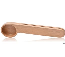 Wood Coffee Scoop With Bag Clip Tablespoon Solid Beech Wood Measuring Scoop Tea Coffee Bean Spoon Clip Gift HWB87085921224