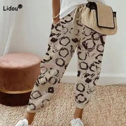 Pants Cotton Linen Thin Drawstring Multielement Printing Trousers Female Patchwork Pockets Mid Waist Loose Fitting Casual Pants