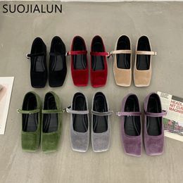 SUOJIALUN Spring Women Flat Shoes Square Toe Shallow Buckle Ladies Elegant Sole Ballte Shoes Casual Loafers Shoes 240425