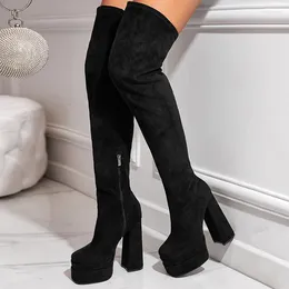 Boots Women Thigh Over The Knee Sexy Black Side Zipper Street Style Suede Square Toe Heels Slim Club Winter Gladiator