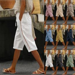 Women's Shorts Women Fashion Solid Colour Cotton Flax Elastic Long Pants Beach Leisure Trousers