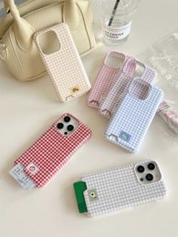 Cell Phone Cases Korean Simple Cut Macaron Colour Lattice Lnsert Card Case for iPhone 12 13 14 15 Pro Max Shockproof Cover Fashion Girl Soft J240426