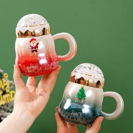 Christmas Mugs Santa Claus Tree Ceramic Cup with Snowball landscape Lid Creative Xmas Gift Holiday Office Home Milk Coffee 240422