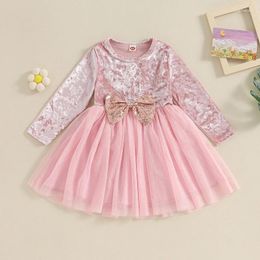 Girl Dresses 3-7Y Kids Girls Spring Fall Dress Long Sleeve Velvet Patchwork Tulle Tutu With Sequin Bow Children Clothes Party Princess