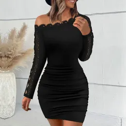 Casual Dresses Knitted Fabric Dress Elegant Lace Patchwork Off Shoulder Bodycon For Women Autumn Winter Long Sleeve Wrapped Party